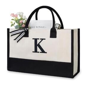 Canvas Tote Bag with Reinforced Bottom and Initial 'K'